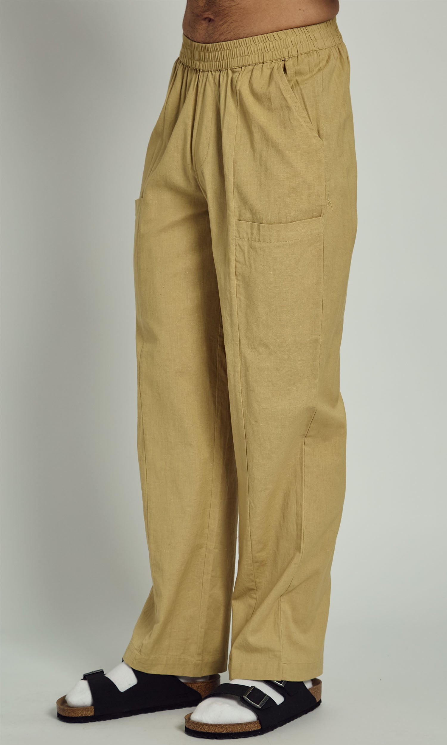 AZIEL LINEN WIDE LEG TROUSERS IN WASHED KHAKI – Native Youth