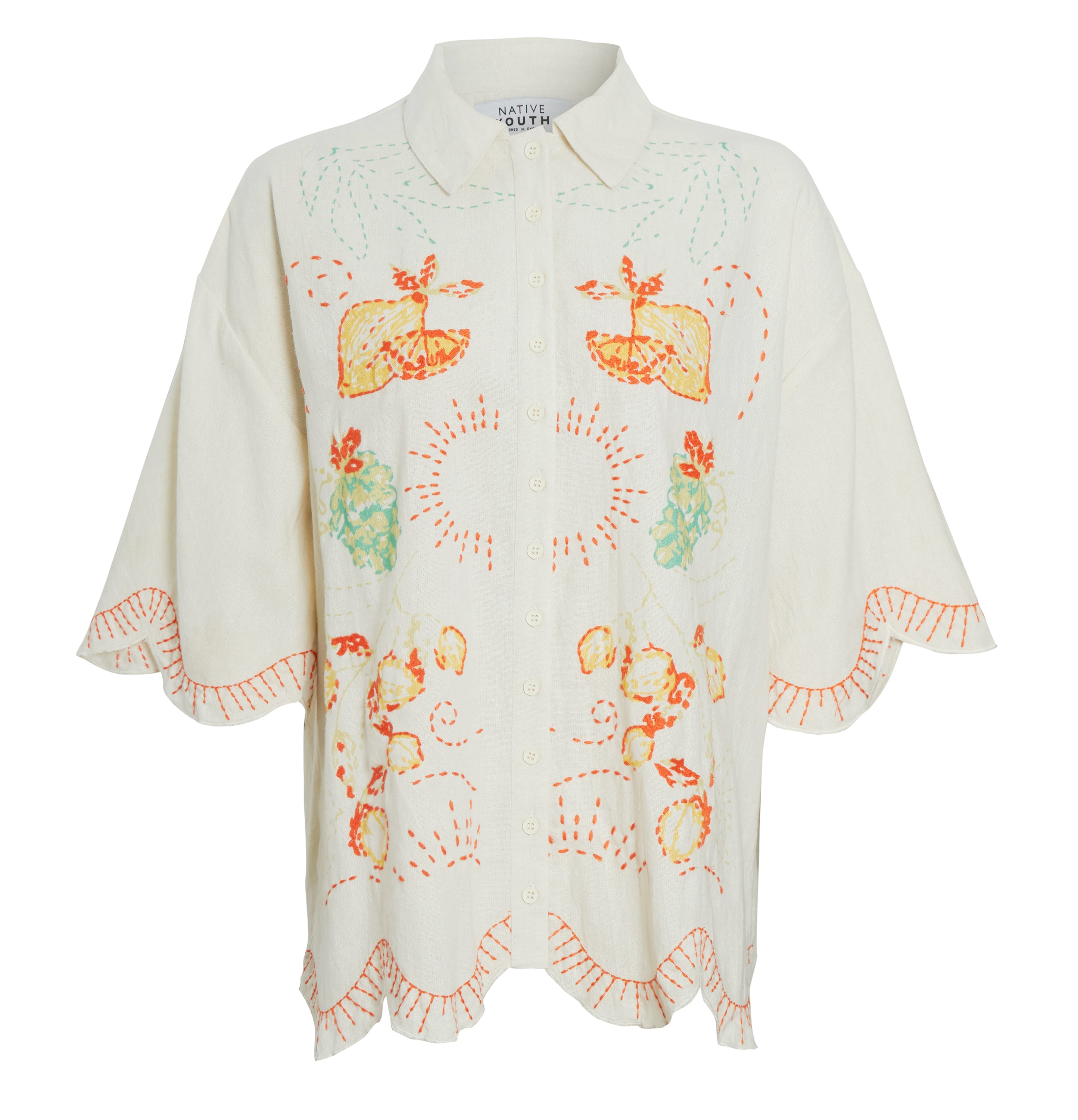 SOLSTITCHERY WOVEN TOPS BEACH EMBROIDERED SCALLOP EDGE BLOUSE IN