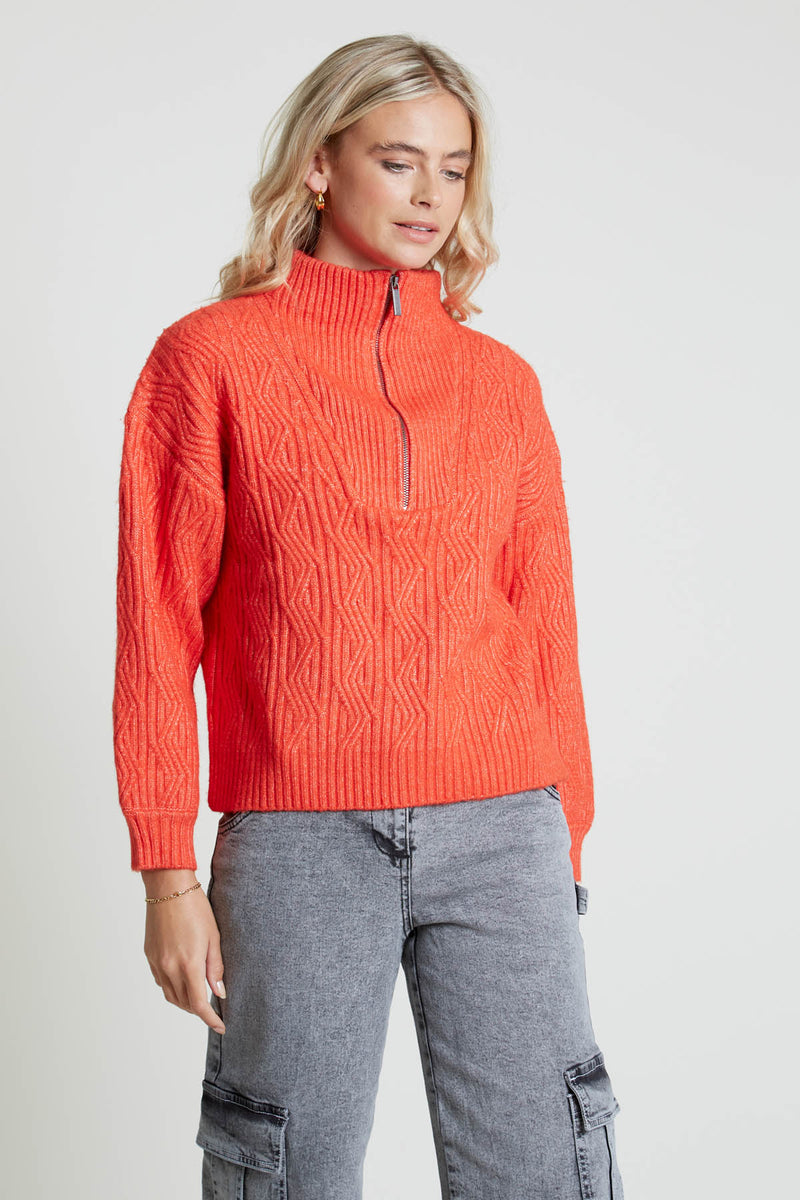 OPIA 1/4 ZIP CABLE KNIT JUMPER WITH DROPPED SHOULDER
