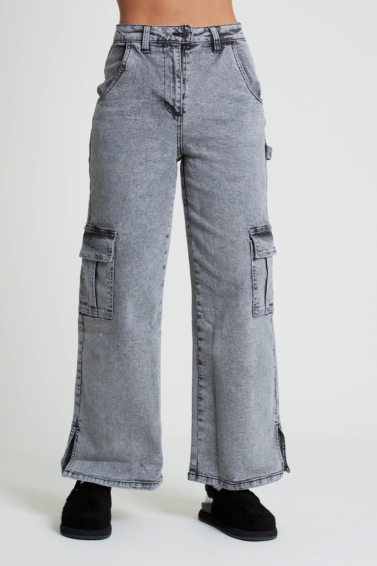 LACE UP BROWN ACID WASH WIDE LEG JEANS - INSEAM 83CM