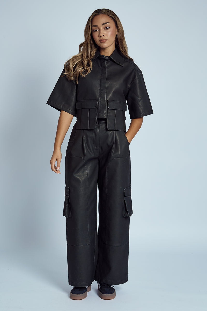 ALMOS VEGAN LEATHER CROPPED SHIRT