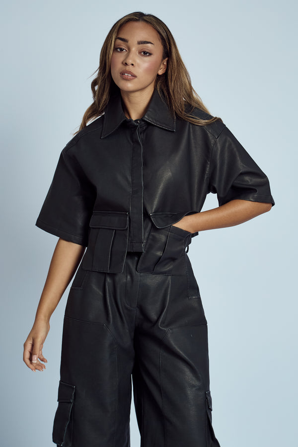 ALMOS VEGAN LEATHER CROPPED SHIRT