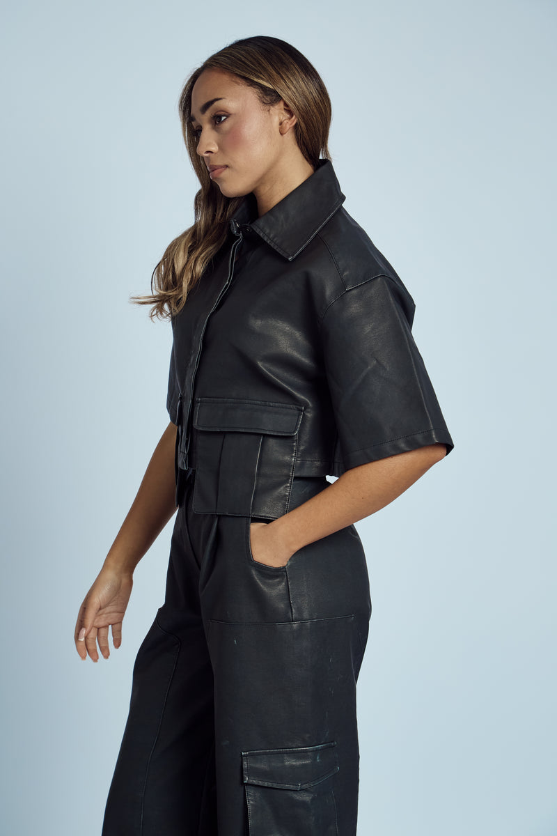 ALMOS VEGAN LEATHER CROPPED SHIRT