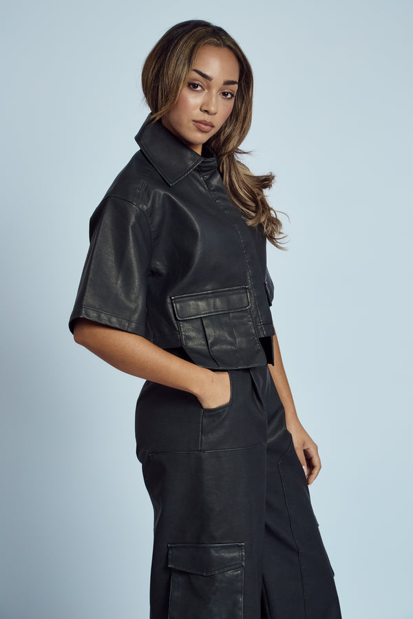 ALMOS VEGAN LEATHER CROPPED SHIRT