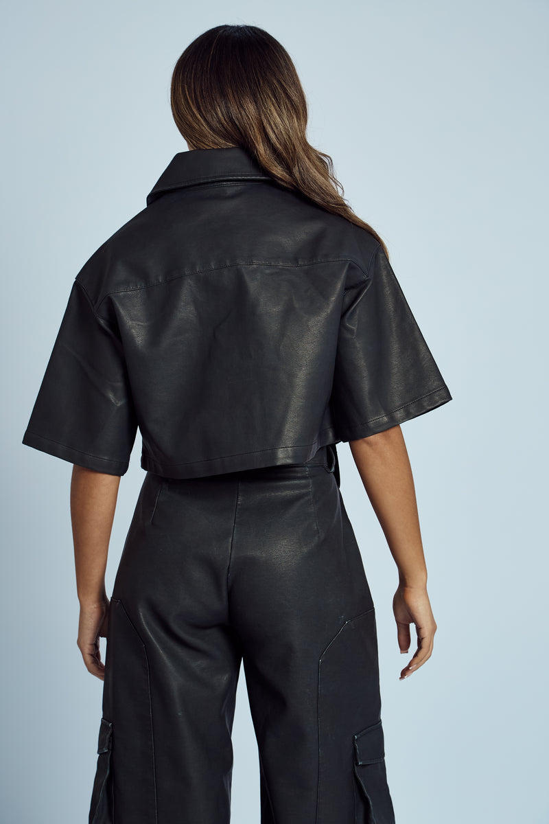 ALMOS VEGAN LEATHER CROPPED SHIRT