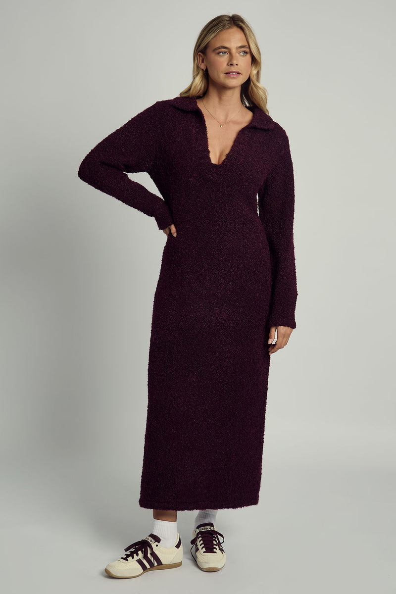 HARLEY SOFT PUFF KNITTED POLO DRESS IN BURGUNDY