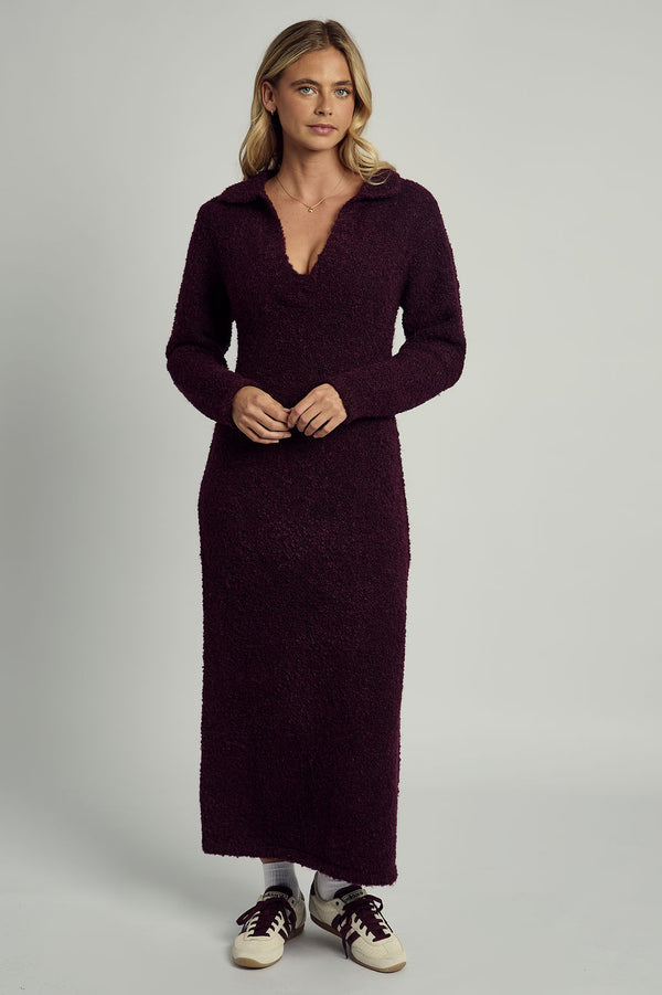 HARLEY SOFT PUFF KNITTED POLO DRESS IN BURGUNDY