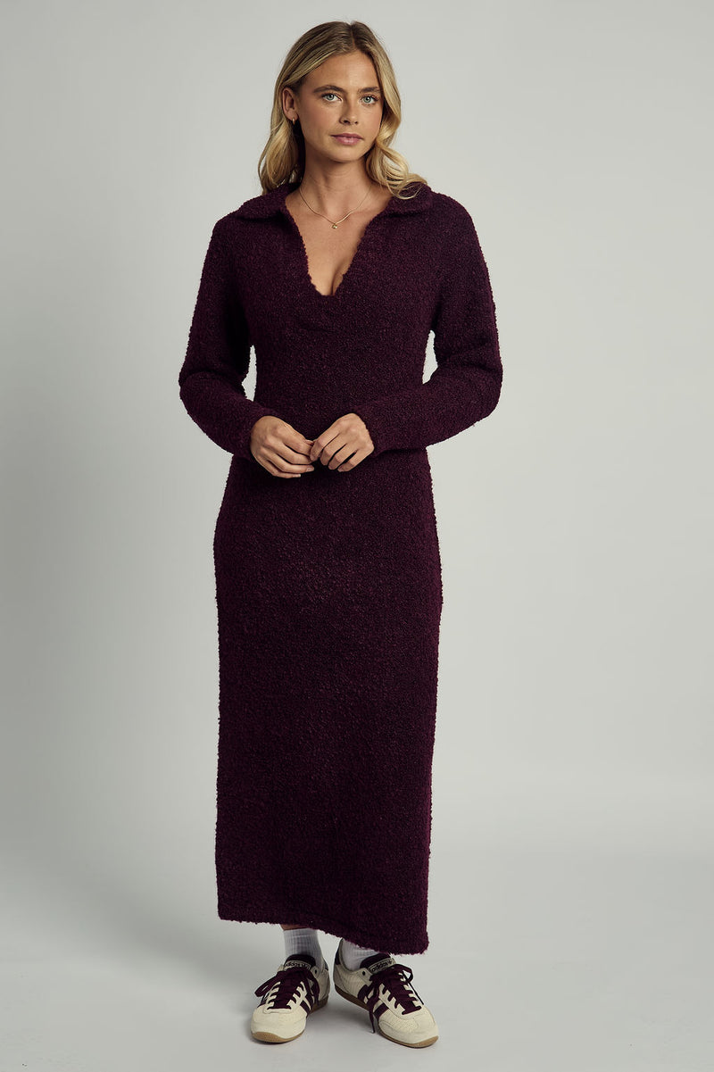 HARLEY SOFT PUFF KNITTED POLO DRESS IN BURGUNDY