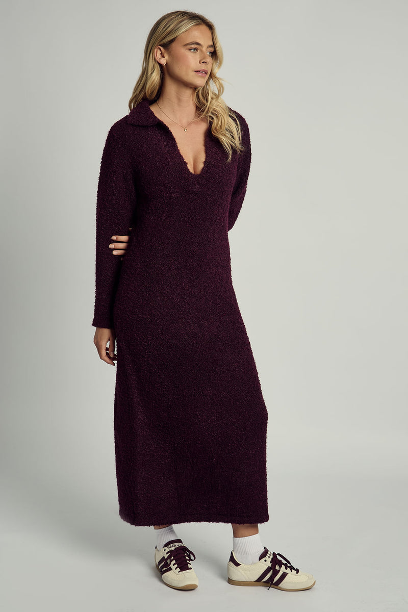 HARLEY SOFT PUFF KNITTED POLO DRESS IN BURGUNDY