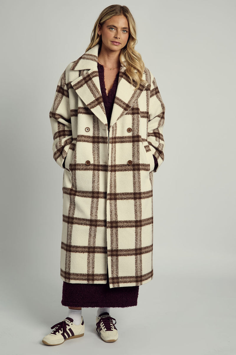 JOSIE TEDDY GINGHAM LONGLINE OVERCOAT IN BREAM CHECK
