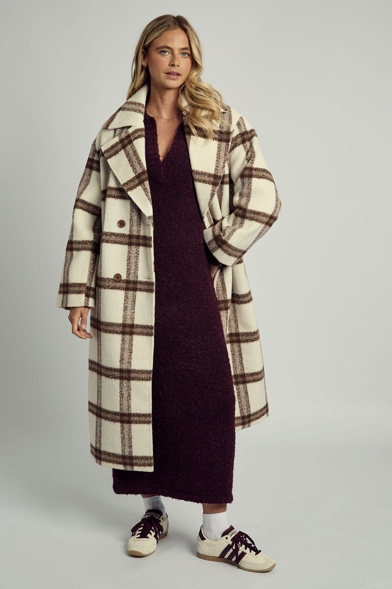 JOSIE TEDDY GINGHAM LONGLINE OVERCOAT IN BREAM CHECK