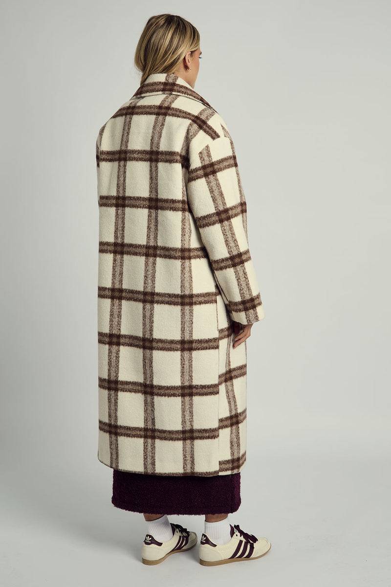 JOSIE TEDDY GINGHAM LONGLINE OVERCOAT IN BREAM CHECK