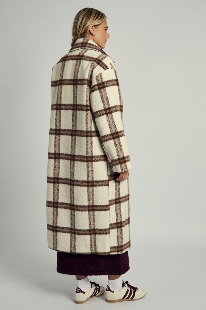 JOSIE TEDDY GINGHAM LONGLINE OVERCOAT IN BREAM CHECK