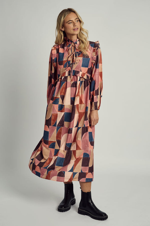 DUSKY MOSAIC TEXTURED TIE DETAIL PRINTED MAXI DRESS