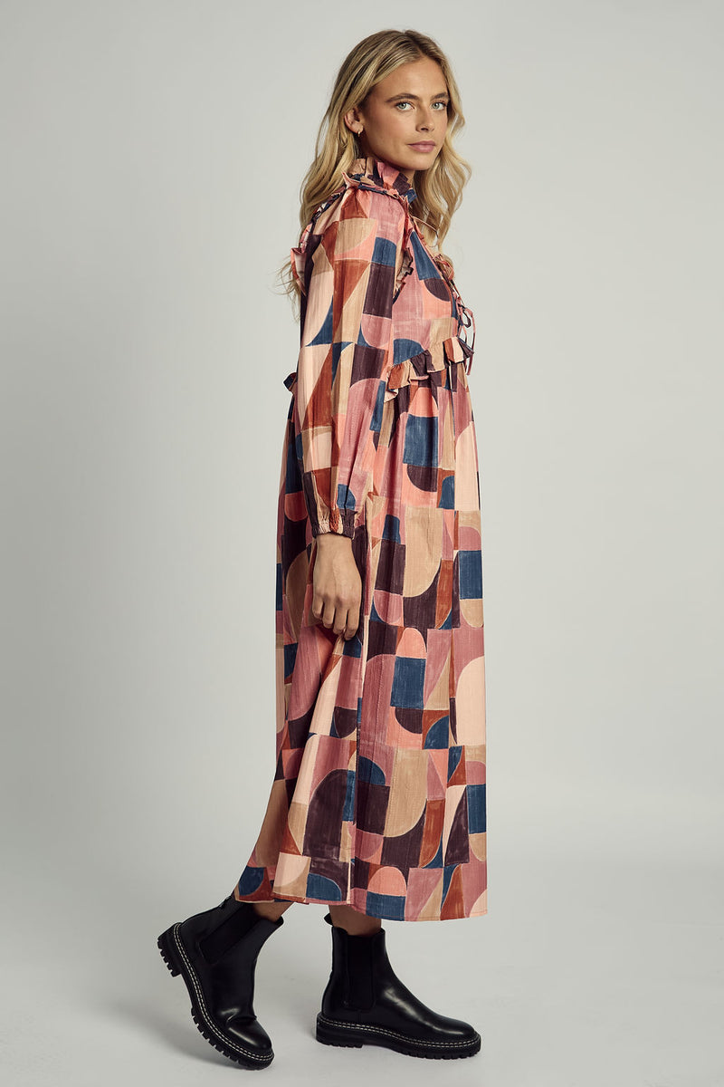 DUSKY MOSAIC TEXTURED TIE DETAIL PRINTED MAXI DRESS