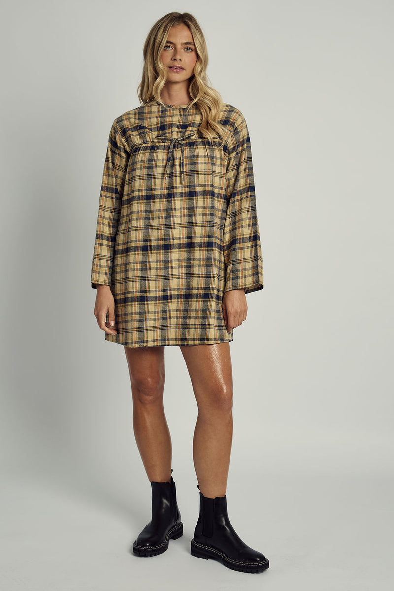 CALERIE LONG SLEEVE DRESS IN BRUSHED YELLOW CHECK