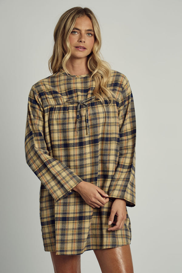 CALERIE LONG SLEEVE DRESS IN BRUSHED YELLOW CHECK