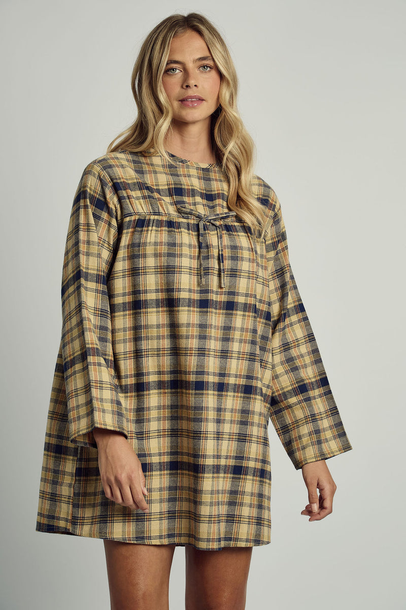 CALERIE LONG SLEEVE DRESS IN BRUSHED YELLOW CHECK