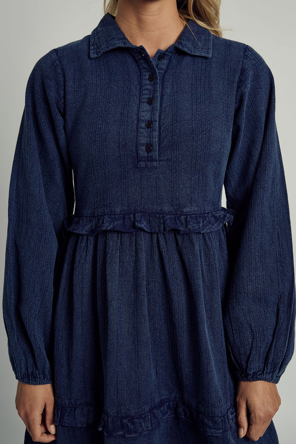 KIA TEXTURED STRIPE WASHED RUFFLE MIDAXI DRESS IN NAVY