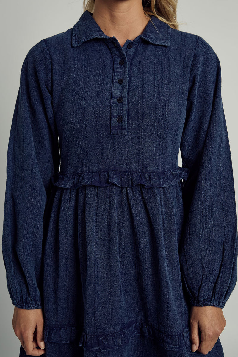 KIA TEXTURED STRIPE WASHED RUFFLE MIDAXI DRESS IN NAVY