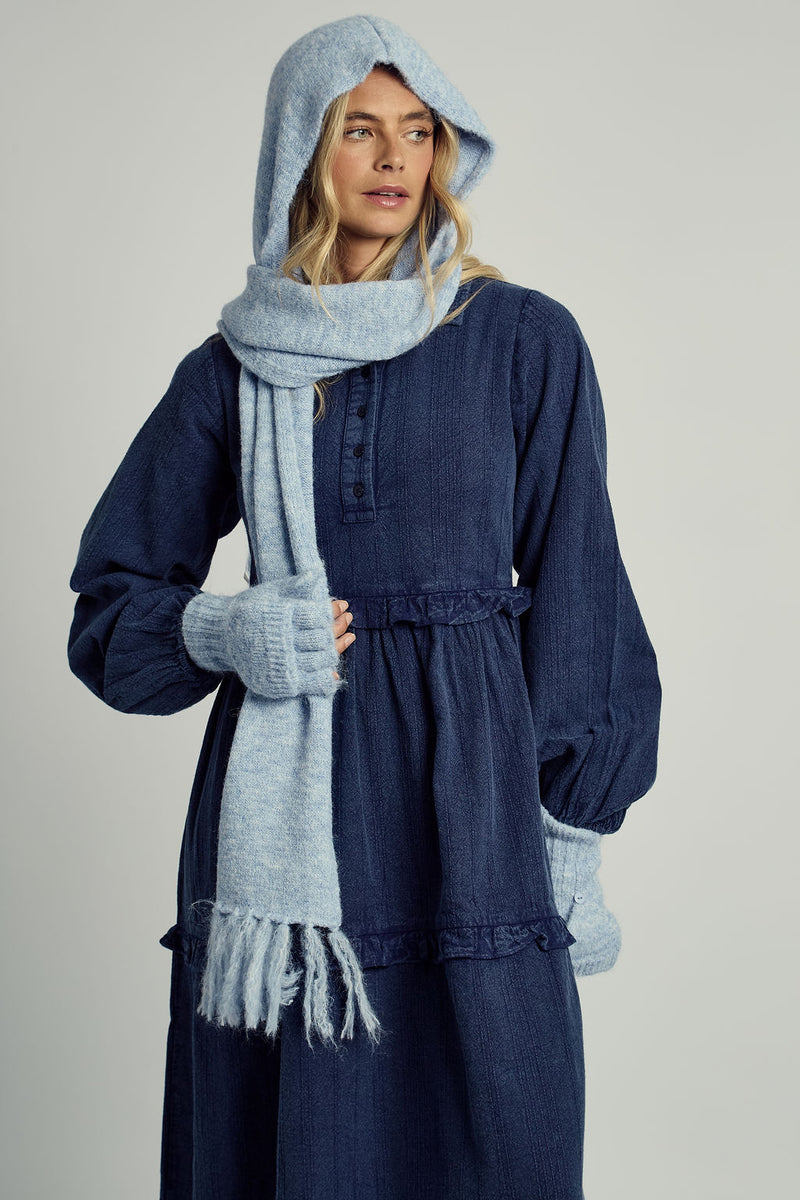 KIA TEXTURED STRIPE WASHED RUFFLE MIDAXI DRESS IN NAVY