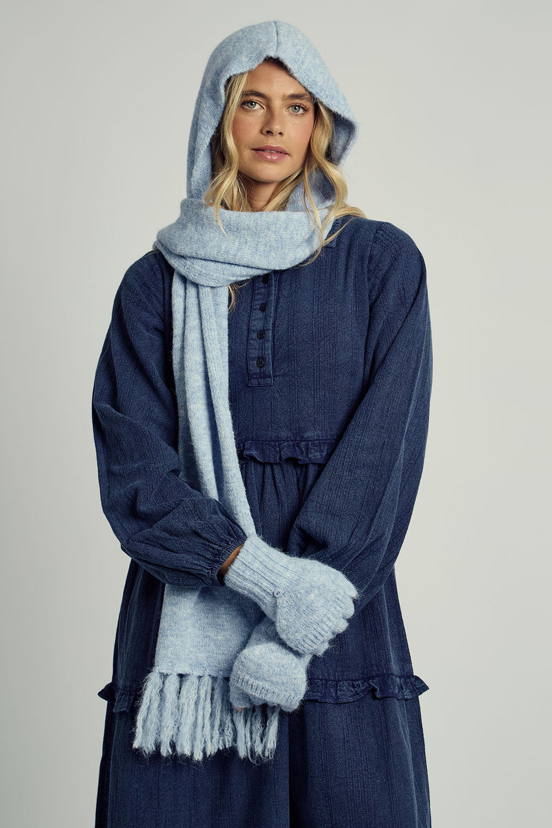 KIA TEXTURED STRIPE WASHED RUFFLE MIDAXI DRESS IN NAVY