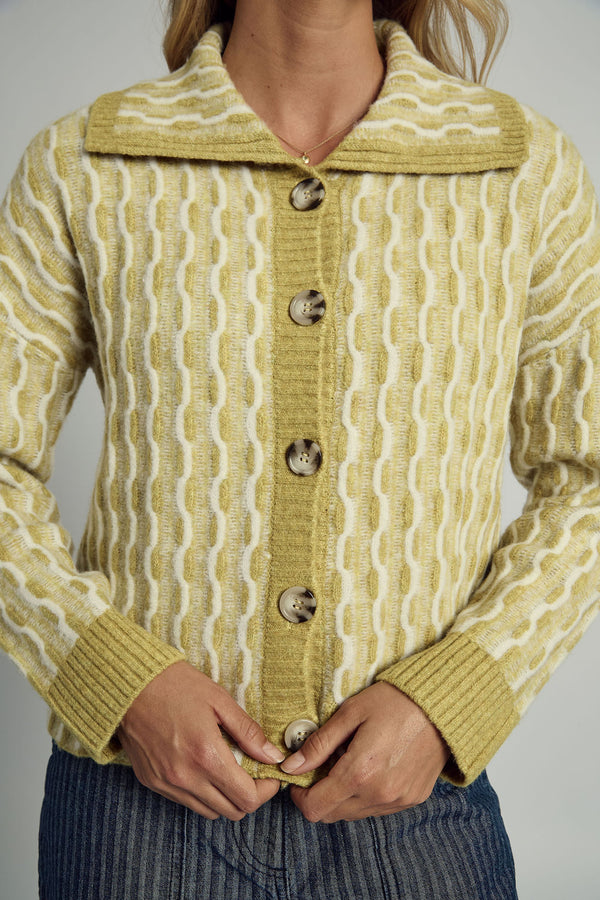 AGATHA WIDE COLLAR CARDIGAN IN YELLOW JACQUARD