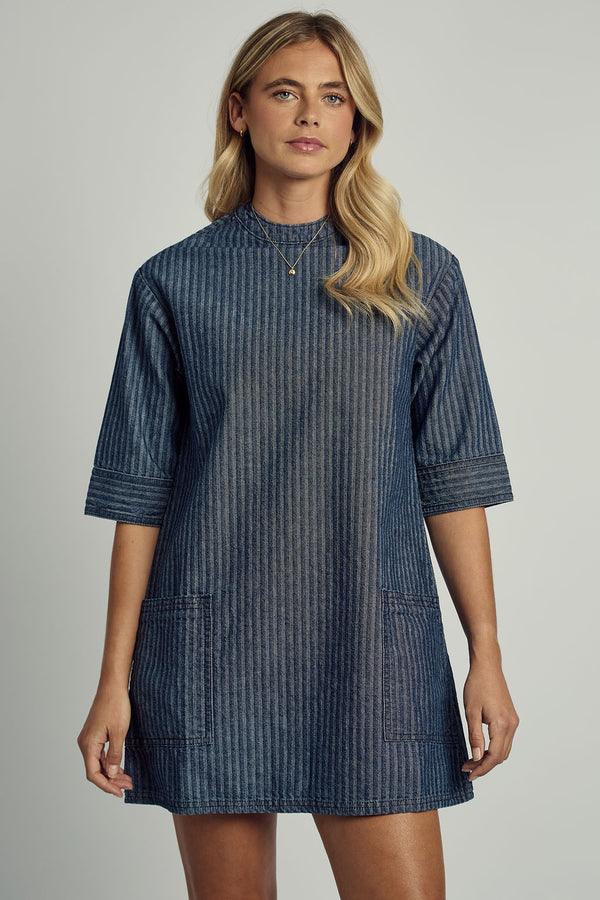 ALEXIS DENIM STRIPED COLLARED DRESS IN BLUE