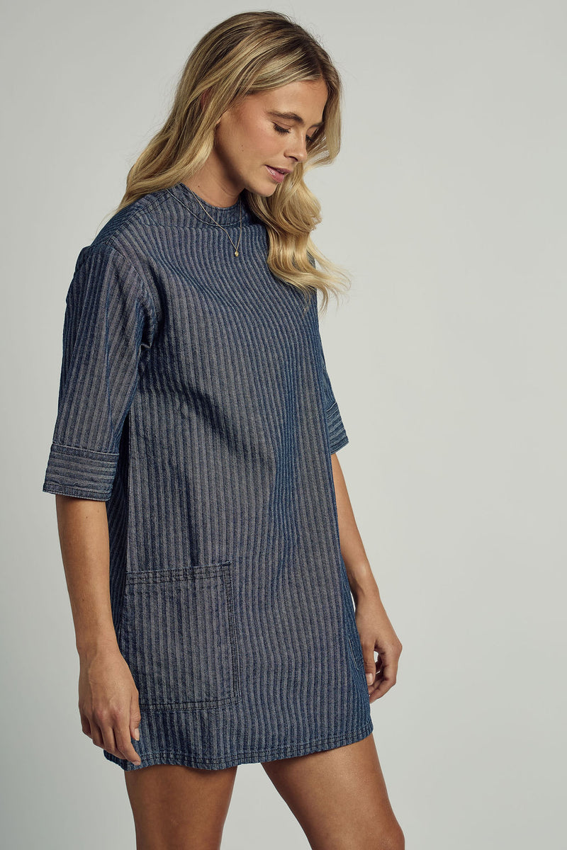 ALEXIS DENIM STRIPED COLLARED DRESS IN BLUE