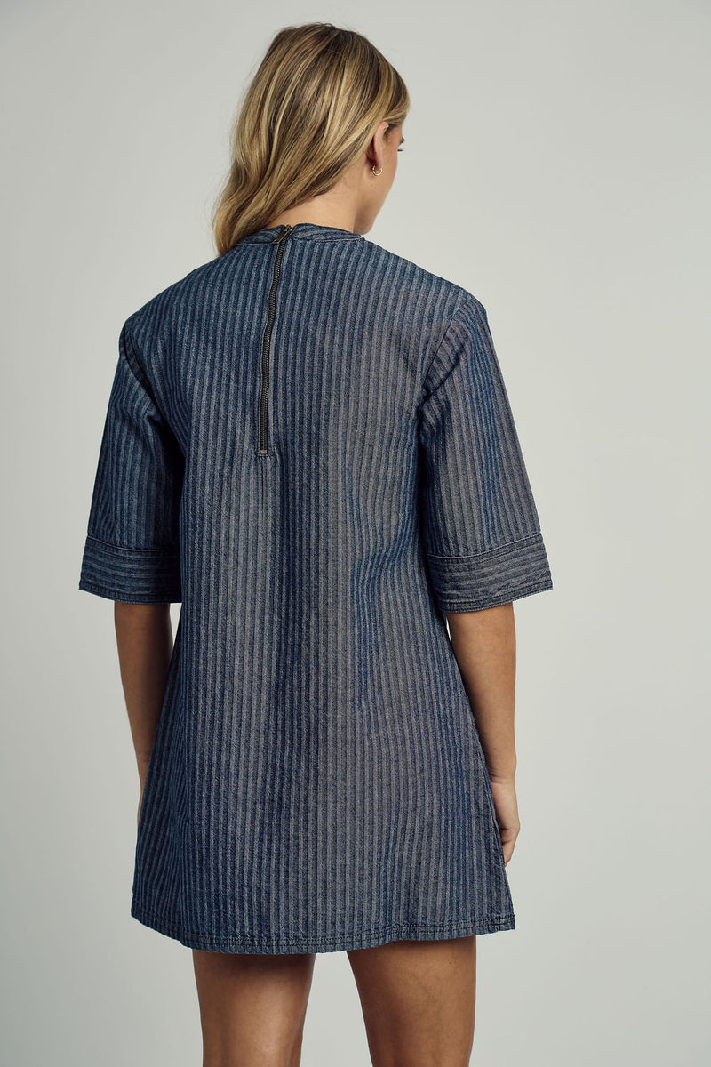 ALEXIS DENIM STRIPED COLLARED DRESS IN BLUE