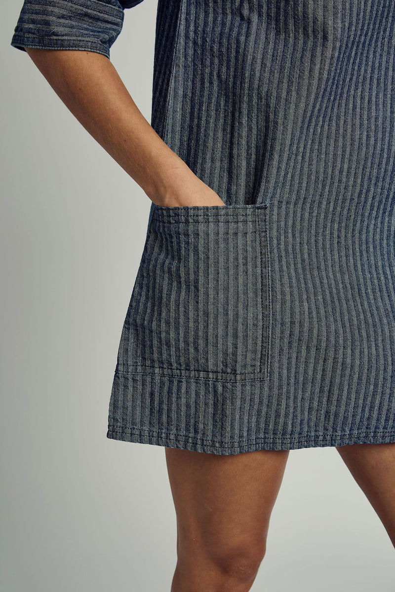 ALEXIS DENIM STRIPED COLLARED DRESS IN BLUE