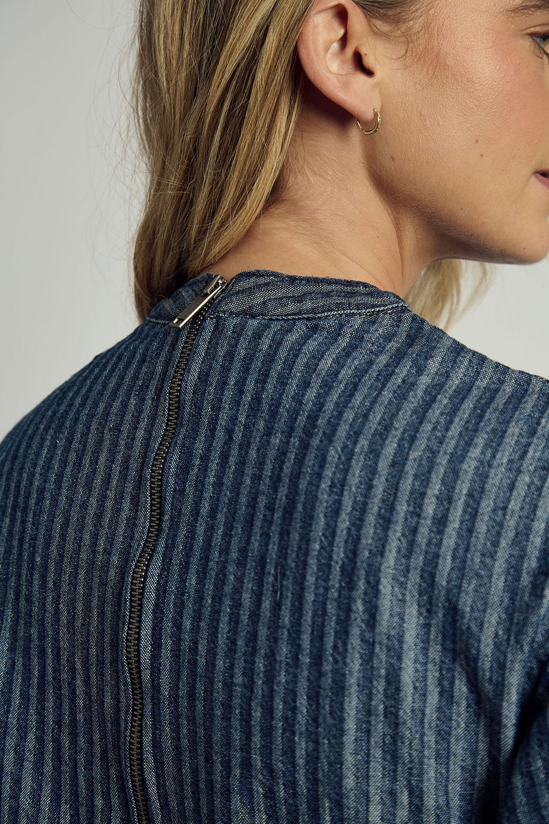 ALEXIS DENIM STRIPED COLLARED DRESS IN BLUE