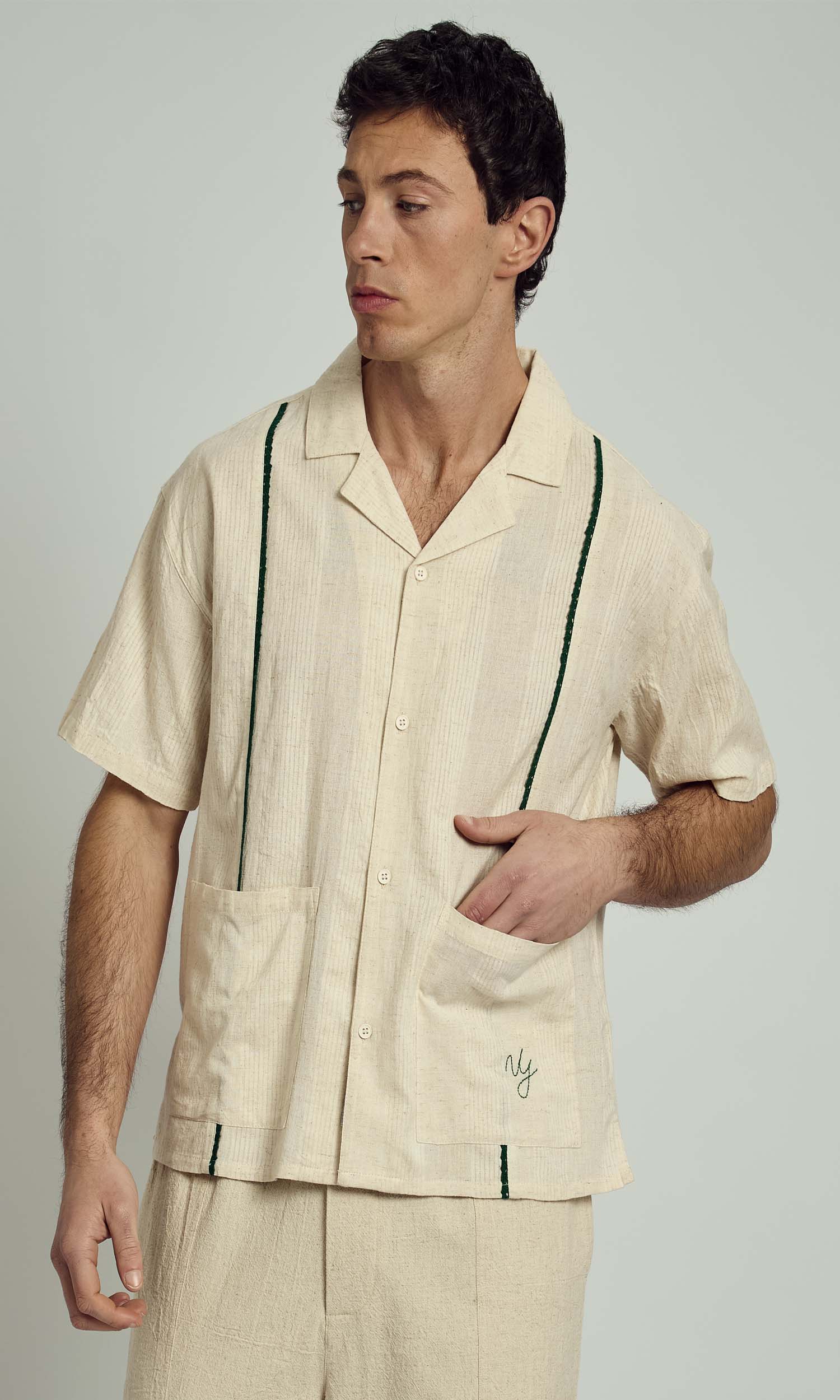 BREAM TEXTURED BOXY SHIRT IN GREEN AND STONE – Native Youth
