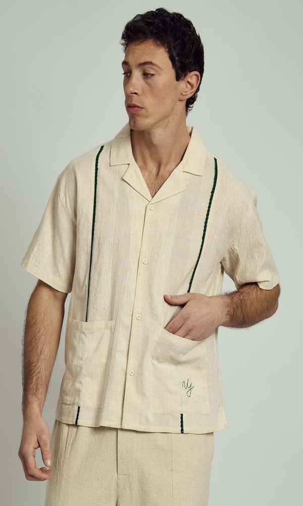 BREAM TEXTURED BOXY SHIRT IN GREEN AND STONE