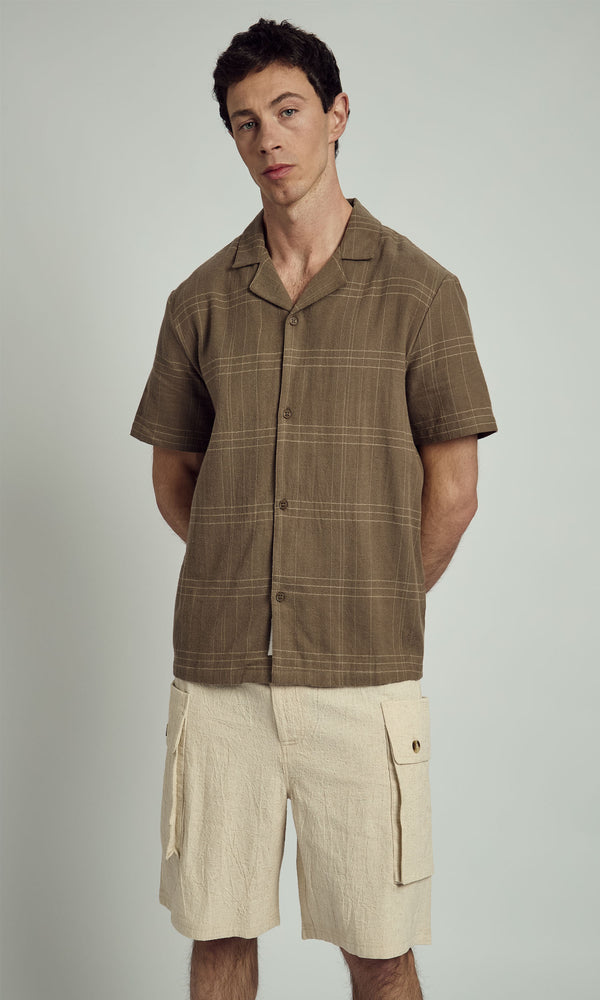 ALBIE REGULAR REVERE COLLAR BURSHED CHECK SHIRT IN BROWN