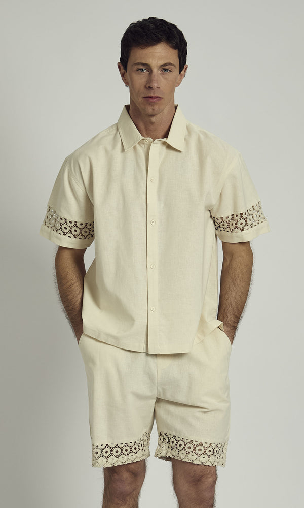 DALE LINEN SHIRT WITH CROCHET PANELLING