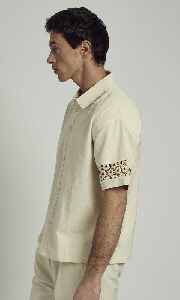 DALE LINEN SHIRT WITH CROCHET PANELLING