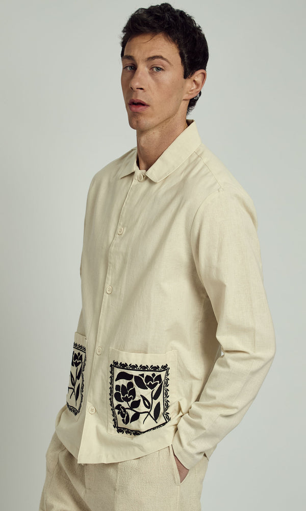 HARLEM EMBROIDERED COLLAR OVERSHIRT IN NATURAL