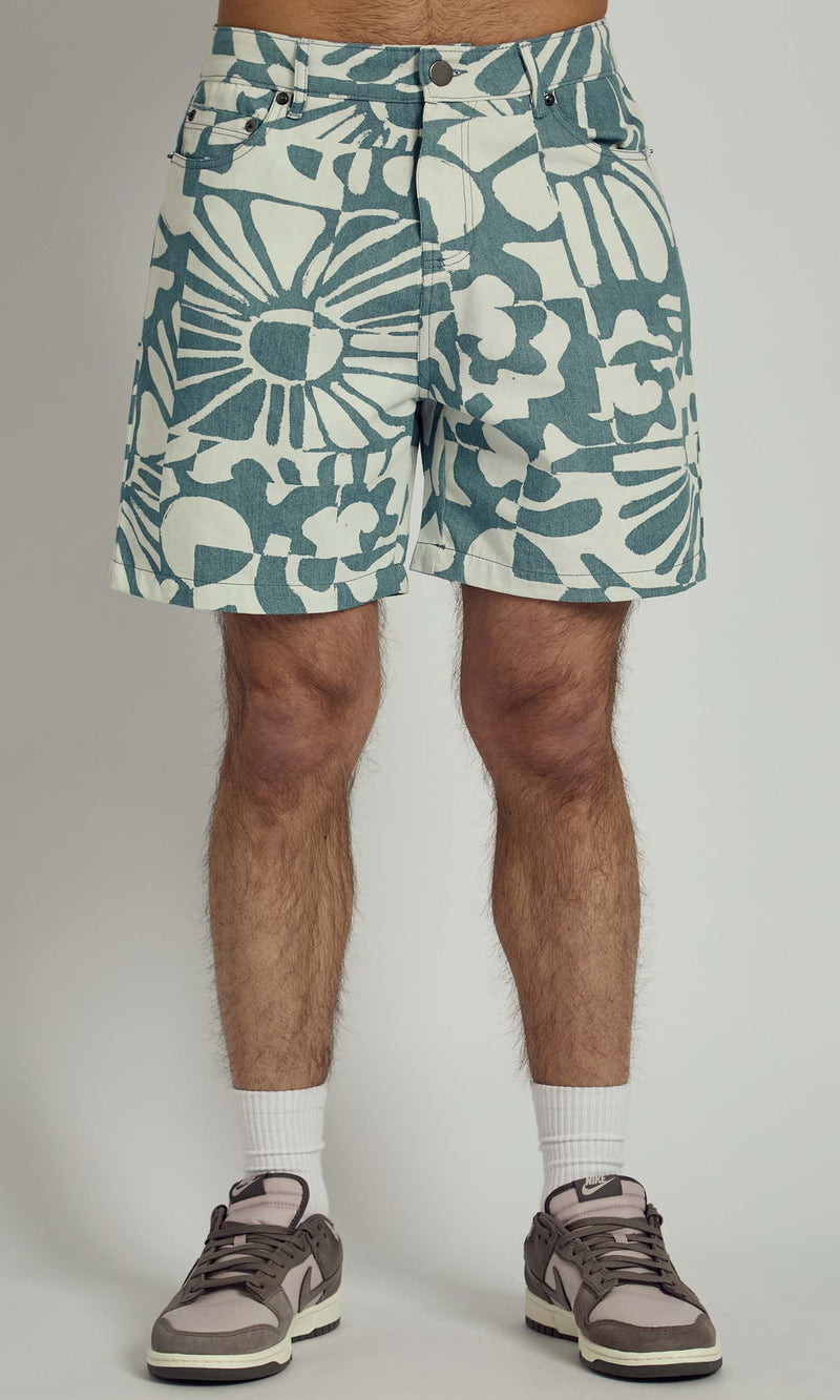 COLLAGECLIPSE LASER PRINTED DENIM SHORT