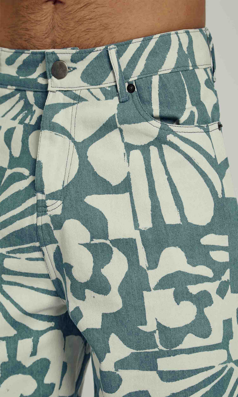 COLLAGECLIPSE LASER PRINTED DENIM SHORT