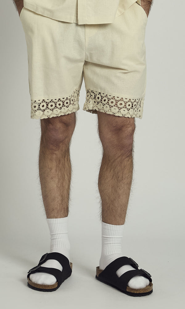 CLAY LINEN SHORT WITH CROCHET PANEL