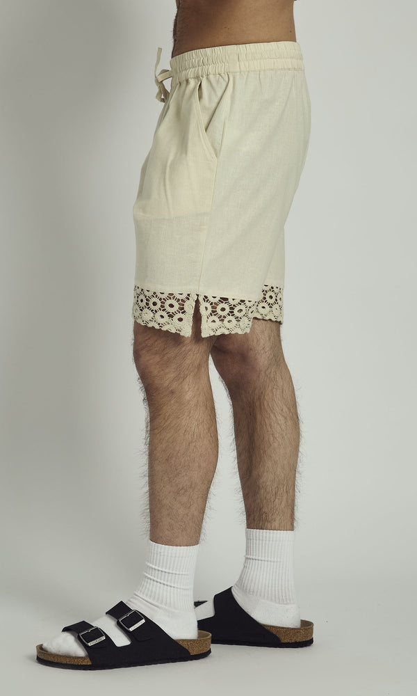 CLAY LINEN SHORT WITH CROCHET PANEL
