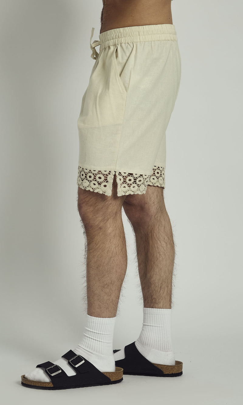 CLAY LINEN SHORT WITH CROCHET PANEL