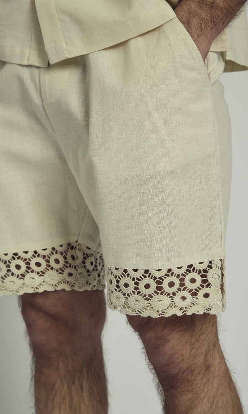 CLAY LINEN SHORT WITH CROCHET PANEL