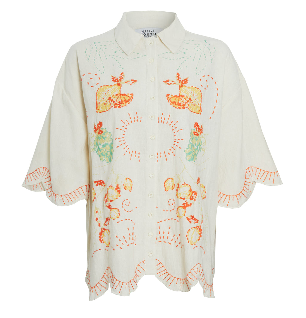 SOLSTITCHERY WOVEN TOPS BEACH EMBROIDERED SCALLOP EDGE BLOUSE IN