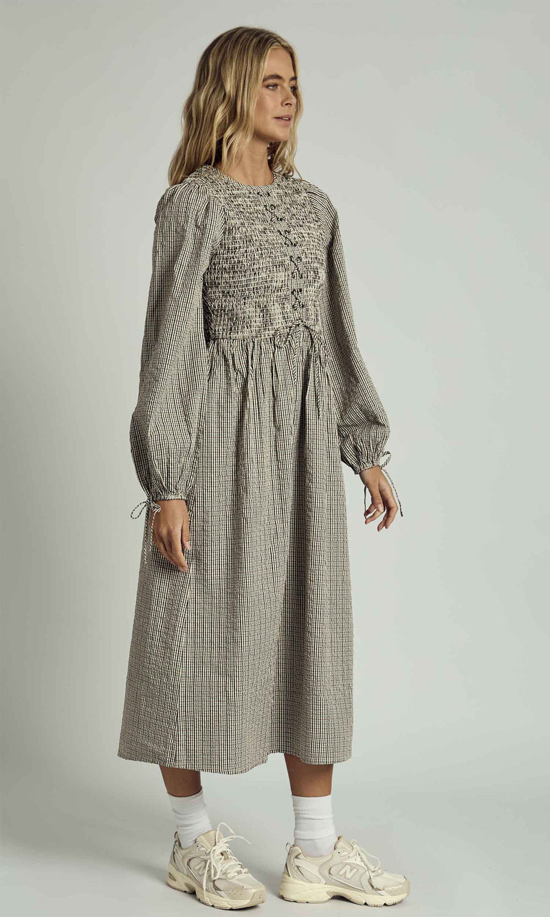 PEYTON SHIRRED LACE UP CHECK MIDI DRESS