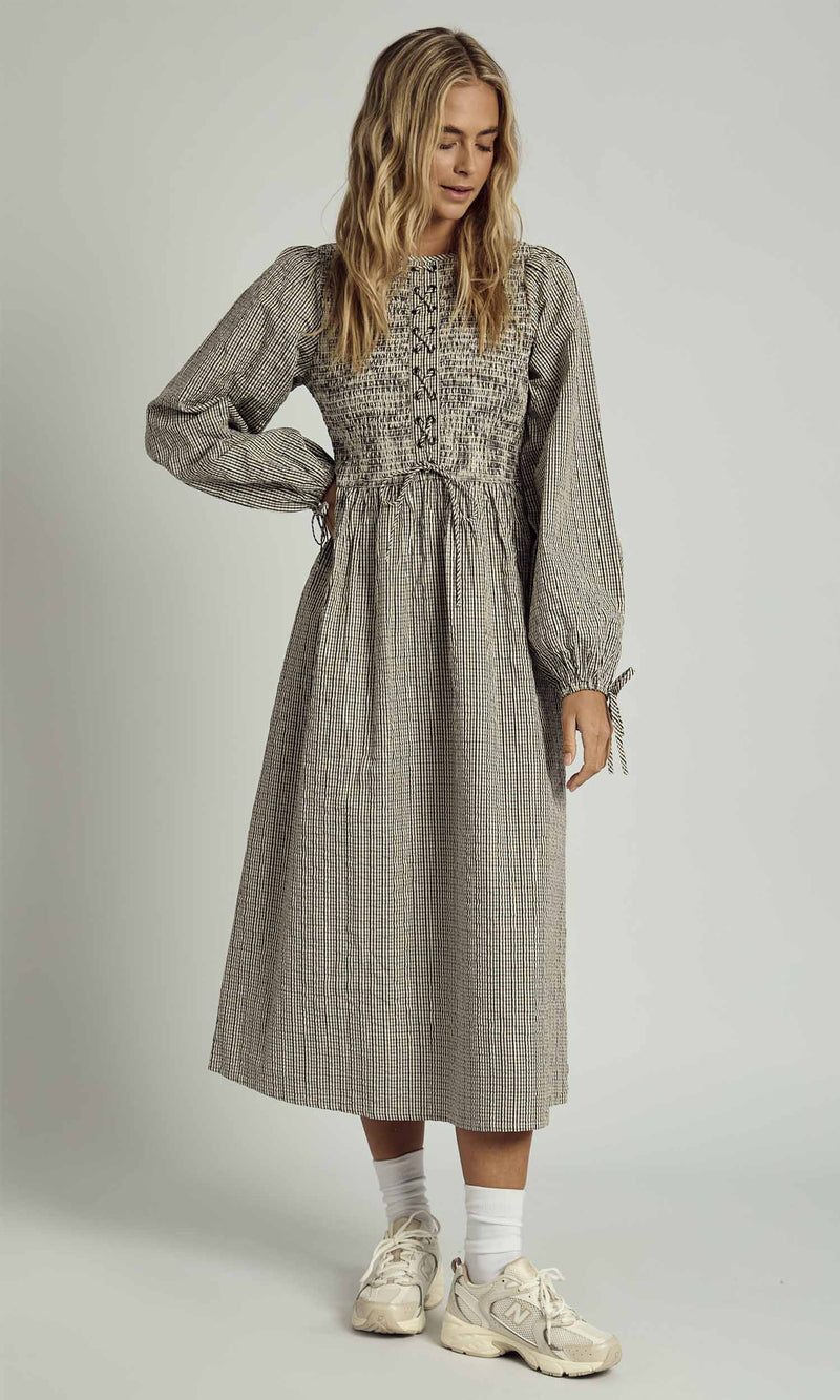 PEYTON SHIRRED LACE UP CHECK MIDI DRESS