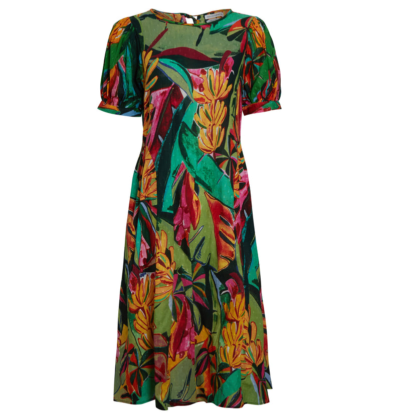 knee length dresses for ladies JAMISON TROPICAL PRINT DOBBY MIDI DRESS IN MULTI – Native Youth