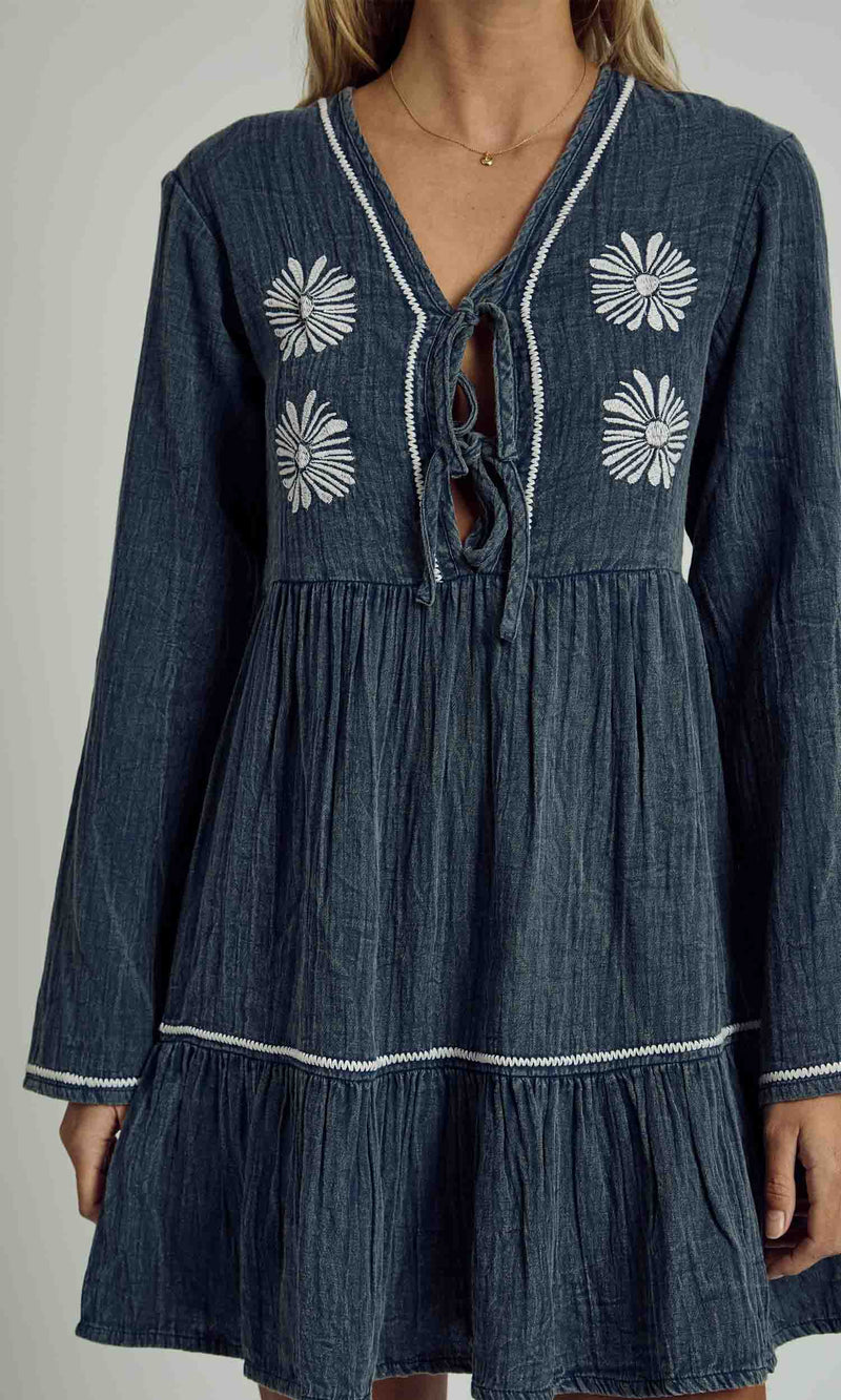 DENVER FLORAL EMBROIDERED GAUZE MINI DRESS