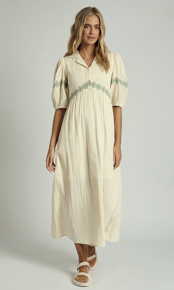 CAMRYN DOUBLE GAUZE EMBROIDERED MIDAXI DRESS